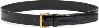 Saint Laurent Square Buckle Croc Embossed Leather Belt in Black at Nordstrom, Size 90