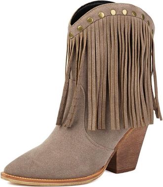 Generic Womens Western Fringe Ankle Boots Pointed Toe Soft Suede Chunky Block Heels Studded Detailing Non Slip Durable Cowboy Style Boots for Party Festival D