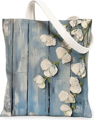 Generic Spring Sweet Pea Flower Canvas Tote Bag for Shopping 13x15, Farmhouse Rustic Florals Reusable Grocery Print Bag for Women, Country Beach Aesthetic Pai
