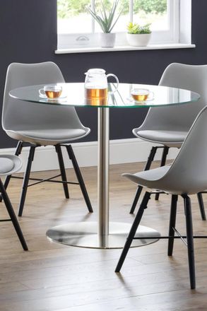 Julian Bowen Milan Round Glass Top Pedestal 4 Seater Dining Table in Silver