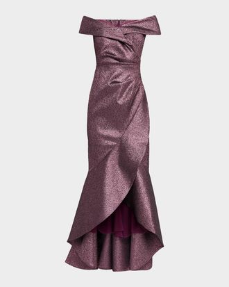Teri Jon Metallic Jacquard Ruffle High-Low Off-Shoulder Gown