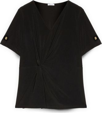 Fiorella Rubino Gedrapeerd Jersey T-shirt - Dames - Blouses - Zwart - L - Polyester - Overhemden