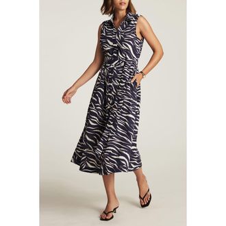 Mavi Sleeveless Tie Belt Midi Shirtdress in Dark Navy Zebra Print at Nordstrom, Size X-Small