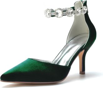 Generic Women Heels Wedding Bridal Stiletto Shoes Pointed High Heel Pumps Satin Pointy Wedding Evening Dress Shoes 8Cm,Dark Green,10 UK