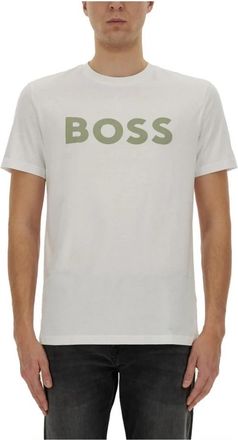 HUGO BOSS T-shirt van katoenen jersey met grote logoprint - Heren - T-shirts - Wit - 2XL - Katoen - Tops