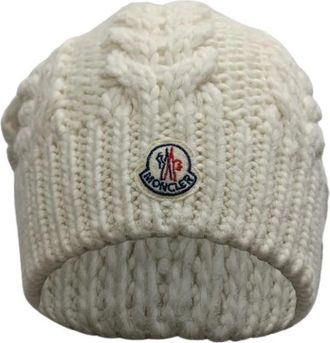 Moncler Pre-owned Accessories, female, White, Size: ONE SIZE Pre-owned Beanie With Pom Pom in White Wool
