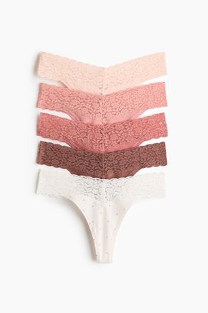 H&M 5er-Pack Spitzenslips Thong - Mattrosa/Herzen