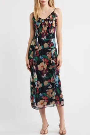 Cleobella Sorsha Ruffle Ankle Dress in Black Andalusia Print at Nordstrom, Size X-Large