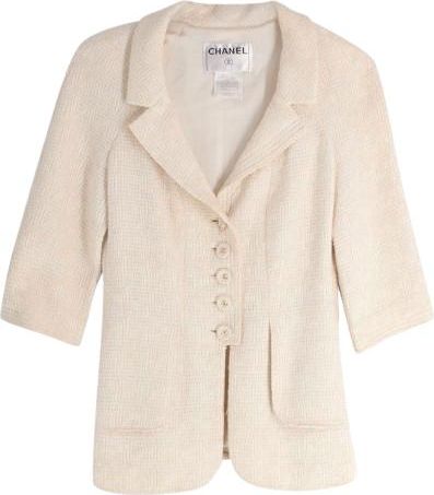 Cream 3/4 Length Sleeves Button Up Tweed Jacket Size XS