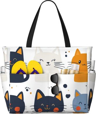Generic Cute Cat Print Large Beach Bag Foldable Travel Shoulder Tote Bag With Pocket For Weekender Pool Vacation