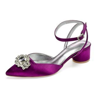 Generic Wedding Bridal Heels Women Ankle Strap Pointed Toe Slingback Chunky Low Heels Womens Pumps Wedding Dress Shoes 4.5Cm,Purple,9 UK