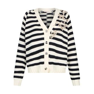Liu Jo Cardigans, female, Multicolor, Size: M Striped Cotton-Blend Cardigan with Jewel Embroidery