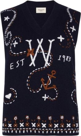 Max Mara Gilet ricamato in lana vergine - Dames - V-hals truien - Blauw - M - Wol - Truien & Vesten