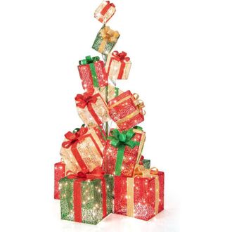Costway Costway Torre De Cajas De Regalo Iluminada De 170 Cm, 450 Luces Blancas C&aacute;lidas, Juego De 15 Cajas De Regalo Apiladas Preiluminadas, Paquetes Navide&ntilde;o