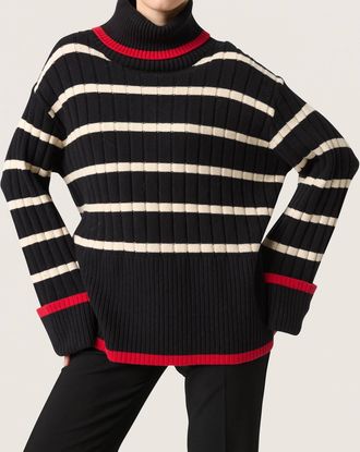 Soaked In Luxury Musling Rollneck Rib Knit Pullover Sweater In Black