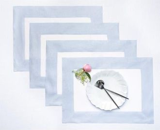 Solino Home Linen Placemats Set of 4, 14 x 19 Inch for Dining Table, Holiday and Everyday Table Decor - Contempo in Light Blue And White at