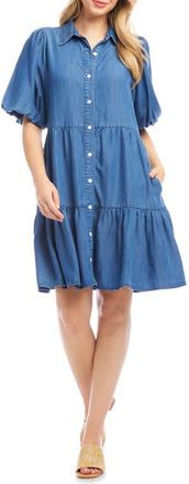 Karen Kane Tiered Puff Sleeve Chambray Shirtdress at Nordstrom, Size Small