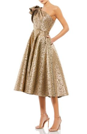 Mac Duggal One Shoulder Bow Midi Dress in Antique Bronze at Nordstrom, Size 12