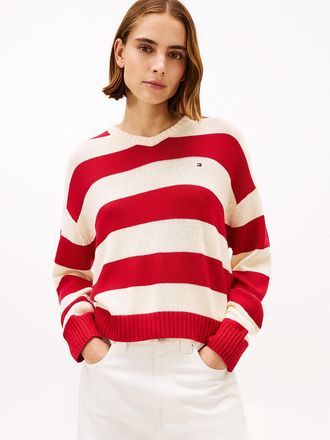 Tommy Hilfiger Womens Stripe Cotton-Cashmere Blend Sweater - Red - XS