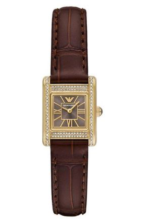 Emporio Armani Crystal Bezel Tank Leather Strap Watch, 19mm x 26mm in Brown at Nordstrom