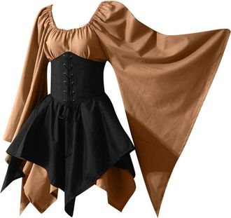 Generic Medieval Costume Women Vintage Traditional Irish Dress Flare Sleeve Renaissance Dress with Corset Gothic Victorian Halloween Costumes Adult Black XL