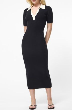 French Connection Collar Rib Midi Dress in Black Porcelain Cream at Nordstrom, Size Small
