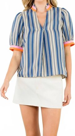 THML Clothing Short Sleeve Striped V-Neck Top In Blue Ivory