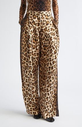 Sportmax Oblo Leopard Print Silk Twill Wide Leg Pants in Camel at Nordstrom, Size 14