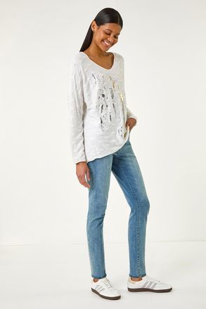 Roman Textured Foil Snit V-Neck Top