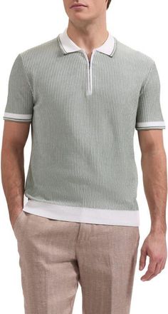 Bugatchi Ottoman Stitch Cotton & Silk Quarter Zip Polo Sweater in Khaki at Nordstrom, Size X-Large