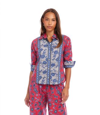 Karen Kane Ruched Sleeve Border Print Shirt - Petite In Red