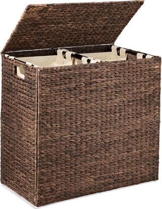 Best Choice Products Large Natural Water Hyacinth Double Laundry Hamper Basket w/ 2 Liner Bags, Handles