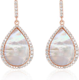 Suzy Levian Rose Sterling Silver White Cubic Zirconia Teardrop Mother of Pearl Dangle Earrings