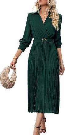 Generic Womens Elegant Dresses Casual Long Sleeve Lapel Dress Ruched Solid Color Midi A Line Swing Flowy Fall Trendy Dress Dark Green