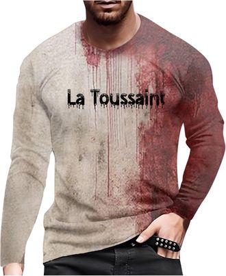 Generic 2025 Halloween Costumes Men Halloween Blood Stained Printed Round Neck Long Sleeved T Shirt Loose Casual Comfortable Business Shirt (Red, L)