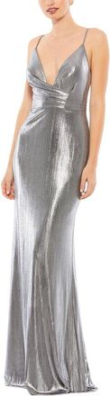 Mac Duggal Metallic Faux Wrap Spaghetti Strap Gown