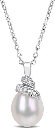 Amour 6.5-7mm Freshwater Cultured Pearl and Diamond Accent Swirl Pendant with Chain In Sterling Silver