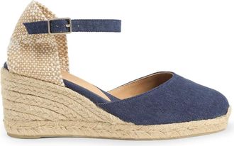 Castaner Carol gewassen katoenen espadrilles met enkelbandje met zijdelingse metalen gesp en 7 cm sleehak. - Dames - Sleehakken - Blauw - 36 EU - Katoen - Scho