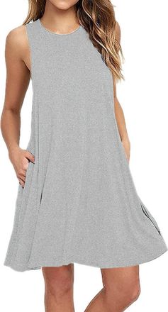 Generic Jumper Dress for Women UK O-Neck Sleeveless Solid Above Dress Women Casual Fashion Knee Pockets Womens Dress Sequin Dress (Grey, XL)