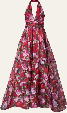 Carolina Herrera Halter Neck Tiered Floral Silk Gown