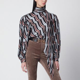 Gucci Blusa grigia/marrone in twill di seta stampata
