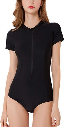 Feoya Womens Print Short Sleeve Swimsuits Zip Front Black Beachwear One Piece Swimming Costume Rash Guard Athletic Swimwear with Chest for Surfing Swimming 