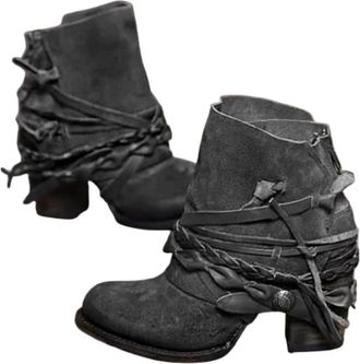 Generic Suede Ankle Boots Women Vintage Block Heels Mid Calf Boots Back Zipper Fashion Western Cowboy Chunky Motorcycle Leather Booties Comfortable Walking Sh