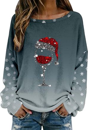 Generic Christmas Jumpers for Women Elf Shirts Funny Gnome Doll Print Pullover Cute Long Sleeve Crewneck Hoodies Ladies Christmas Sweatshirt Tops Xmas Loose P