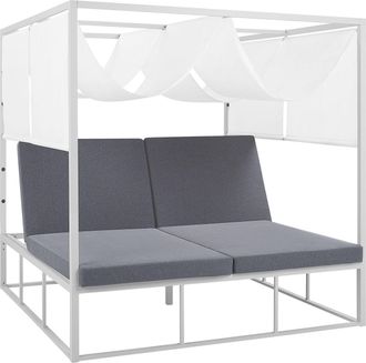 Beliani Cama De Jard&iacute;n Con Dosel Marco De Aluminio Blanco Y Gris Cojines De Poli&eacute;ster Cama De Exterior Pallanza