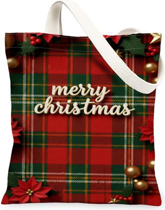 Generic Christmas Plaid Canvas Tote Bags, Holiday Pattern Reusable Grocery Bags, Winter Rustic Lightweight Washable Shoulder Strap, Red, 13x15 Inch