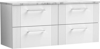 Balterley Balterley - Retro 4 Drawer Wall Hung Vanity Unit with Carrera Marble Laminate Worktop - 1200mm - Satin White