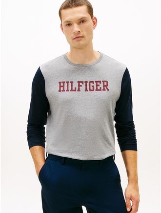 Tommy Hilfiger Mens Long-Sleeve Colorblock Hilfiger T-Shirt - Grey - XXXL