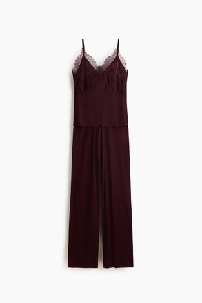 H&M Jerseypyjama mit Spitze - Weinrot