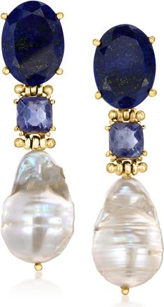 Ross-Simons 14-16mm Cultured Baroque Pearl and Iolite Drop Earrings With Lapis in 18kt Gold Over Sterling